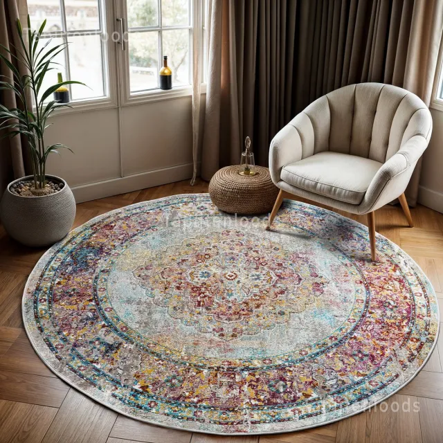 Muratap Picasso Keshan Vintage Rond Vloerkleed Multi / Beige Laagpolig Multikleur