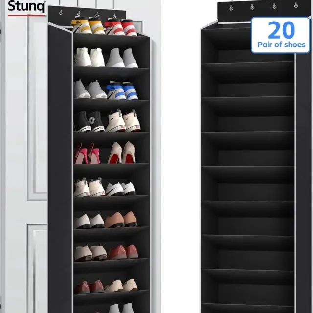 Stunq 10-laags over-deur schoenenorganizer – hangend opbergrek met diepe vakken voor 20 paar schoenen Zwart