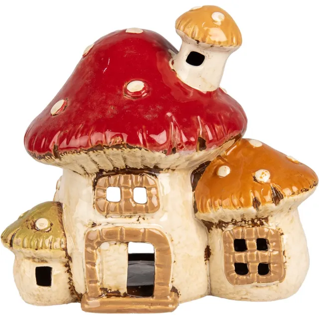 Clayre & Eef Waxinelichthouder Paddenstoel 17x12x16 cm Beige Rood Keramiek Herfst decoratie