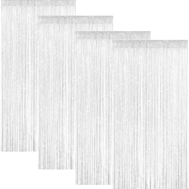Famanu Set van 4 draadgordijnen, decoratief deurgordijn van kunststof, 100 x 200 cm, met glitters en kralen, als ruimteverdeler en voor bruiloften en feestdecoraties in de kleur wit