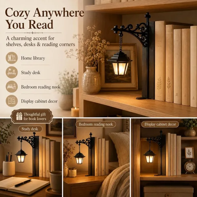 Zumolir 2 Stuks Boekensteun Metaal - Boekensteun met Lamp - Bibliotheeklantaarn - Boekensteunen - Metalen Boekensteun - Miniatuur Boekenplank Lantaarn - Ideaal Cadeau voor Lezers - Voor School en Bibliotheek - Zwart - Zumolir®