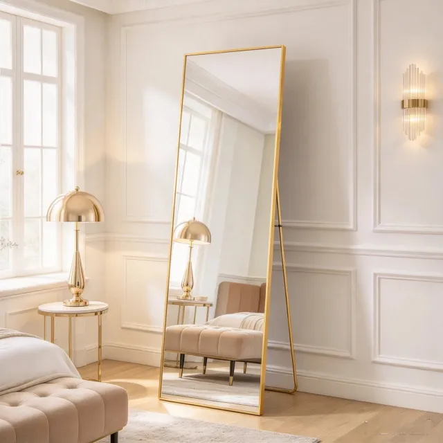 Archi Passpiegel 140 x 40 cm – Spiegel - Staande Spiegel – Gouden Aluminium Frame – Vloerspiegel – Wandspiegel – Slaapkamer & Hal