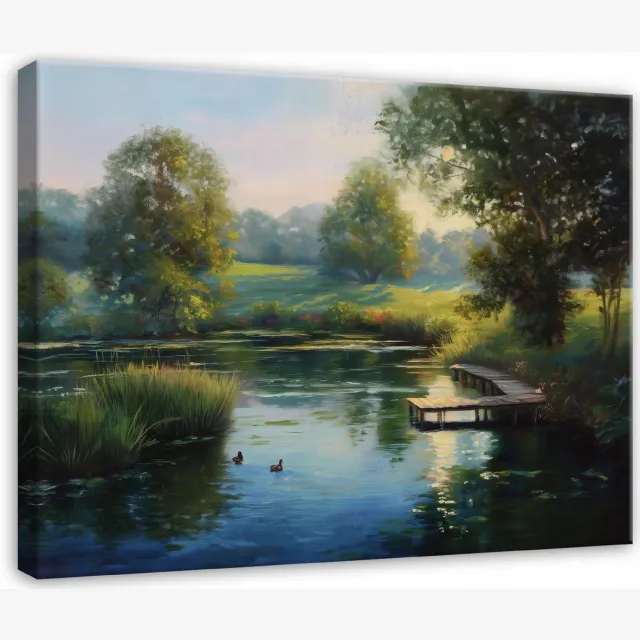 WALLARENA Schilderij op canvas - 60x40 cm - afbeelding van een bos met een meer en bomen - Geschikt voor slaapkamer, woonkamer, keuken veelkleurig