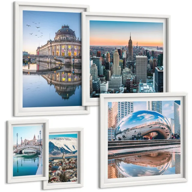 Coloray 5-Delige Schilderij Set - Stadsgezichten Met Moderne Architectuur En Natuur - 50 x 50 cm, 20 x 30 cm En 40 x 60 cm - Muurdecoratie - Wanddecoratie - Hal - Interieur Decoratie Witte lijst