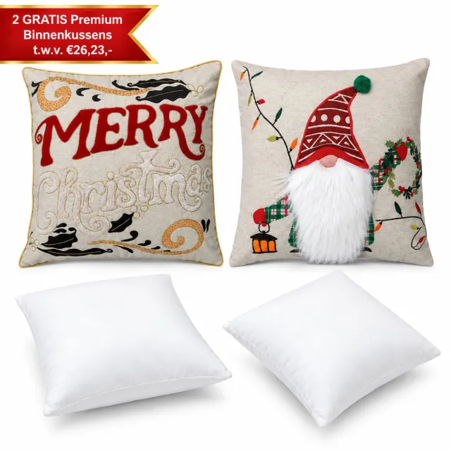 Urbane Hide Kerstkussen Set van 2 Kerst Kussenhoezen + 2 Gratis Kussenvulling - Kerst Kussenhoes - Kussenhoesjes Vierkant - Kerstkussens met Merry Christmas & Kerstman Kabouter - 45x45 cm - Beige