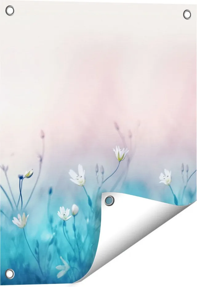 Gards Tuinposter Witte Bloemen op een Blauw Achtergrond - 40x50 cm - Tuindoek - Tuindecoratie - Wanddecoratie buiten - Tuinschilderij Multikleur
