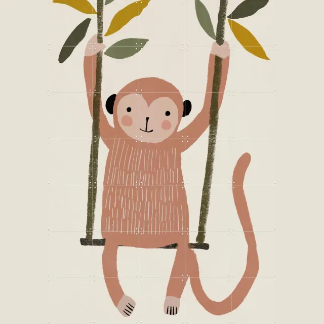 IXXI Swinging Monkey, Treechild & Various - 100 x 140 cm - Grote wanddecoratie en posters - Illustraties, Modern, Speels, Cartoonesk, Kleurrijk Bruin