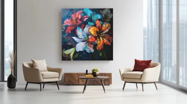 Trendex Global Vierkant Canvas Schilderij - Bloemenpracht - Kleurrijke Bloemen - 60x60x2 cm