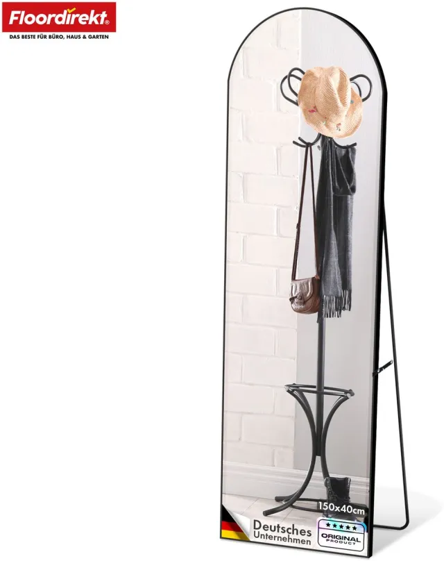 Floordirekt Lichaams-Spiegel Madison - Zwart 150 x 40 cm - Gebogen Aluminium Frame - Vrijstaand & Wandmontage - Voor Slaapkamer, Woonkamer & Garderobe