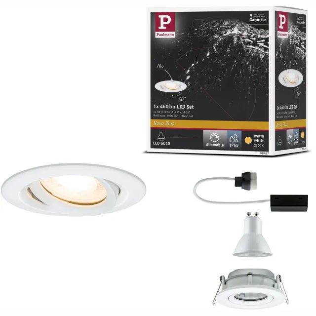 Paulmann LED-inbouwlamp Nova Plus Enkele lamp zwenkbaar IP65 rond 93 mm 30° GU10 7W 460lm 230V dimbaar 2700K Wit mat