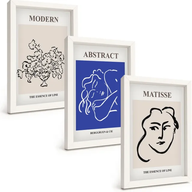 TULUP 3-Delige Schilderij Set - Posters in de moderne en abstracte stijl van Henri Matisse - 20x30 - Decoratieve Schilderijen - Wanddecoratie - Hal witte lijst