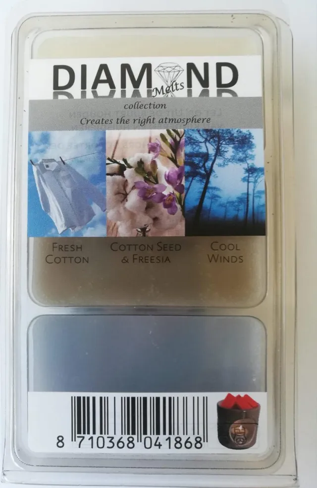 Diamond melts waxmelts: fresh cotton - cotton seed & freesia - cool winds Wit - grijs - blauw