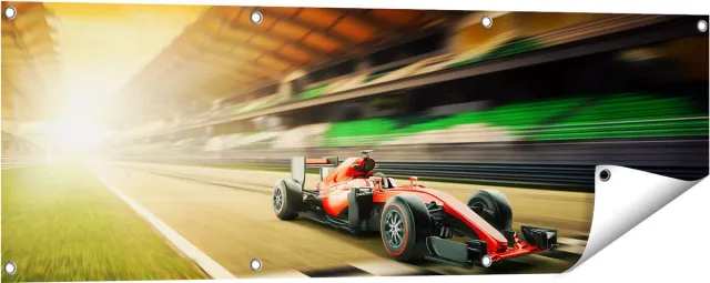 Gards Tuinposter Formule 1 Auto bij de Finish in het Rood - 120x40 cm - Tuindoek - Tuindecoratie - Wanddecoratie buiten - Tuinschilderij Multikleur