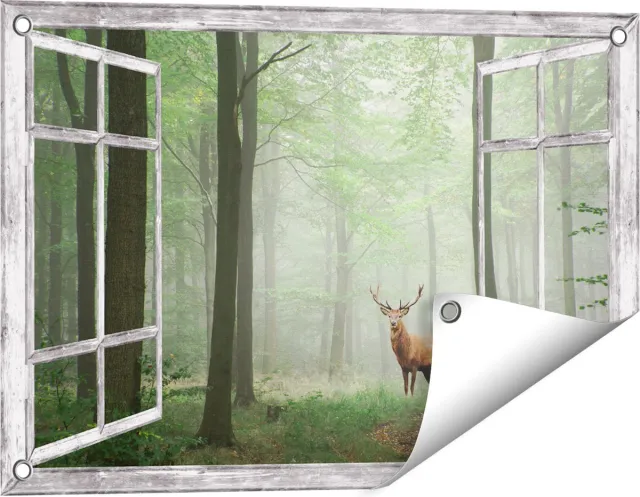 Gards Tuinposter Doorkijk Hert in Bos - 60x40 cm - Tuindoek - Tuindecoratie - Wanddecoratie buiten - Tuinschilderij Grijs