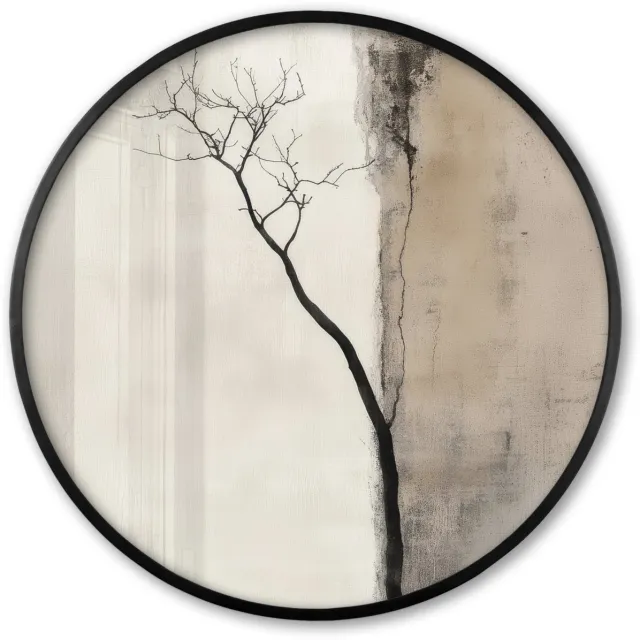 FrameYourWall Poster in lijst Rond - Fotolijst 60x60 cm - Posters - Wabi sabi - Plant - Beige - Ronde posterlijst zwart - Decoratie - Wanddecoratie woonkamer - Muurdecoratie slaapkamer Japandi - Plant