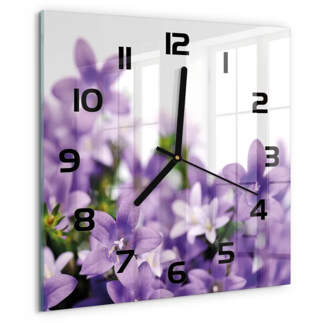 TULUP Wandklok - Paarse klokjes Glazen Wandklok Design - 30x30 cm - Paars Klok Glas Met Opdruk - Zwarte handen - Vierkante Klok - Wandklok Glas Met Motief - Decoratieve Glazen Klok