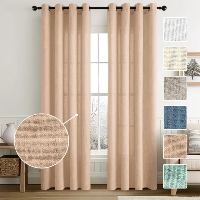 Ibenzoa Stijlvolle Semi-Transparante Linnenlook Gordijnen met Oogjes in Beige-Roze, Set van 2, 245x140 cm