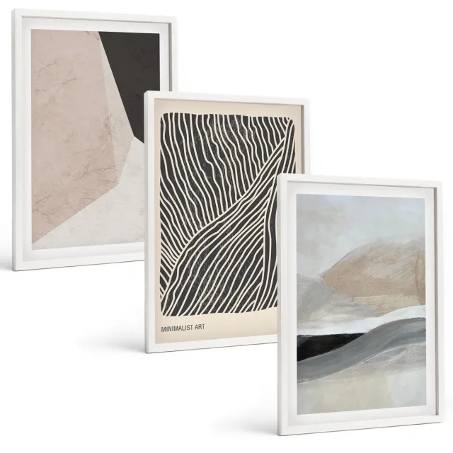 Coloray 3-Delige Schilderij Set - Abstracte Patronen In Beige En Grijze Tinten. - 40 x 60 - Muurdecoratie - Wanddecoratie - Slaapkamer Witte lijst