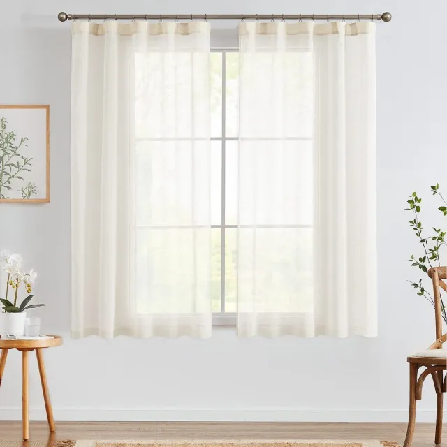 topick Linnen gordijnen, semi-transparante gordijnen met linnenstructuur, vitrage met stangzak voor slaapkamer woonkamer, lichtfilterende raamdecoraties, set van 2, 140 x 175 cm, naturel