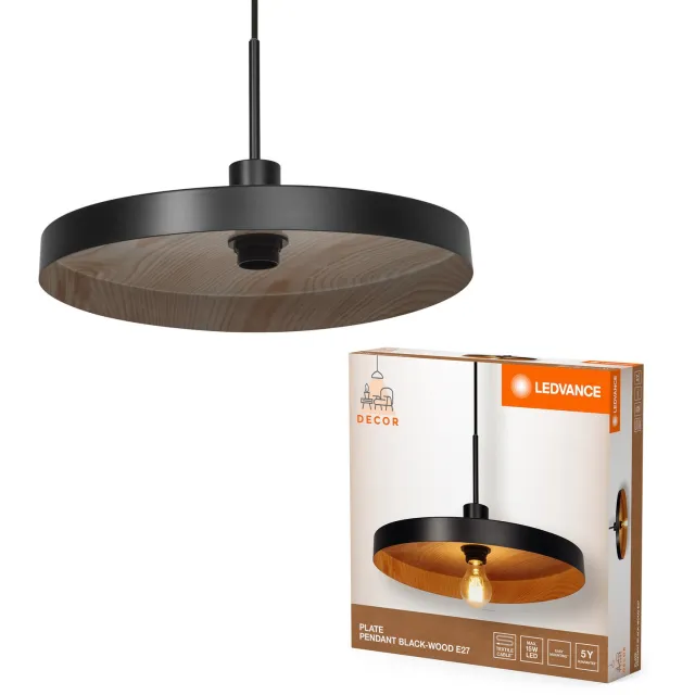 LEDVANCE Decor Plate Pendant E27 Zwart houtdecor