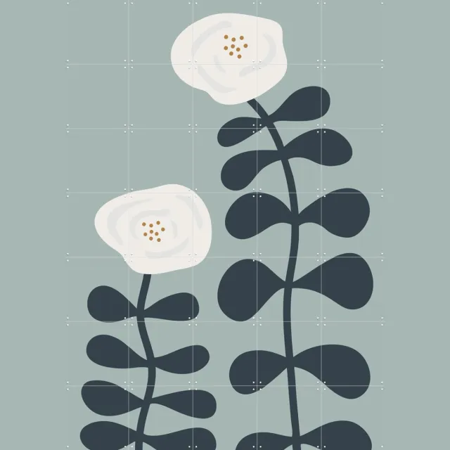 IXXI Blooming Flowers, Little Otja - 100 x 140 cm - Grote wanddecoratie en posters - Minimalisme, Illustraties, Geometrische Kunst, Woonkamer Wit / Blauw