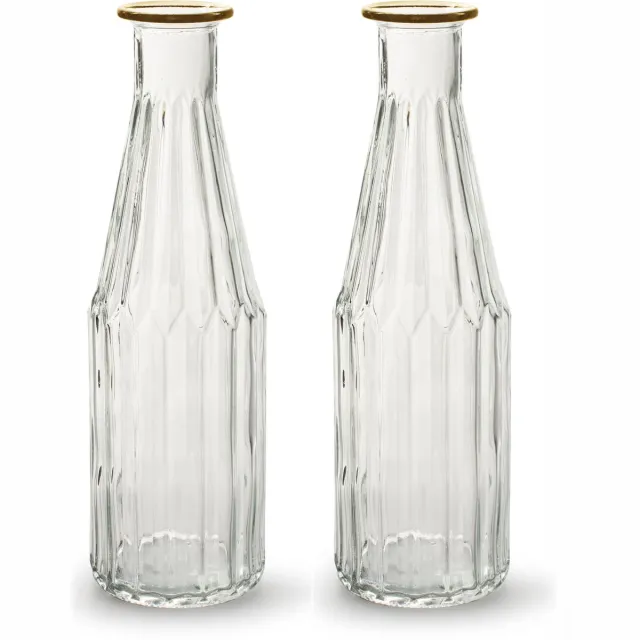 Jodeco Bloemenvaas Marseille - 2x - Fles model - glas - transparant/goud - H25 x D7 cm