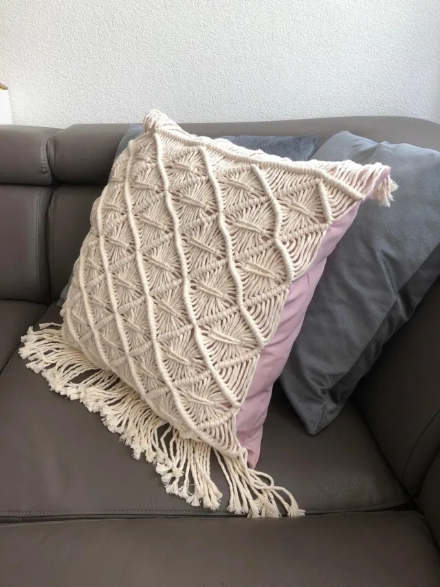 Macramey Macramé sierkussen , Macramé kussen , handgemaakt knopen, decoratief kussen - 057 ecru - roze kussen