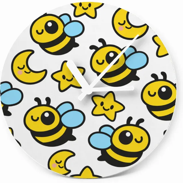 Mr Cadeautjes Glazen klok Ø 20 - design Een herhaalpatroon met blije kleine sterren en maantjes die | cadeau Wit