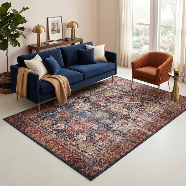 Tapiso Ispahan Vloerkleed Oosters Klassiek Perzisch Vintage Medaillon Antislip Donkerblauw Roestbruin Woonkamer Slaapkamer Oeko-Tex 80x250 Blauw Rood