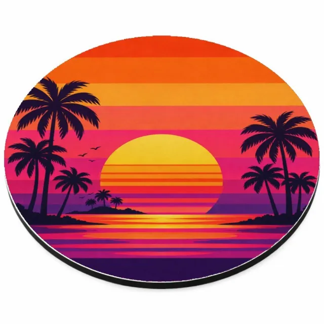 Mr Cadeautjes MDF magnetische fotolijst rond Ø 9,5 - design Retro zonsondergang met palmen | cadeau Wit