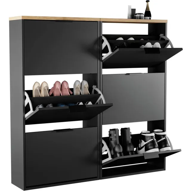 Planetmöbel STIVIO - Schoenenkast 60 cm - Zwart en goud eiken - Set van 2 met elk 3 kleppen - 23 cm diep 3 kleppen, Zwart