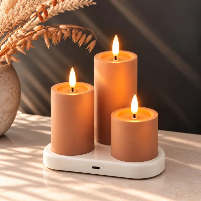 Aurae Oplaadbare Led Kaarsen met Timer - 3x - 40+ Branduren - Oplaadbaar met Laadstation - Kerst Kaarsen - kerstverlichting Bruin • Oplaadbaar