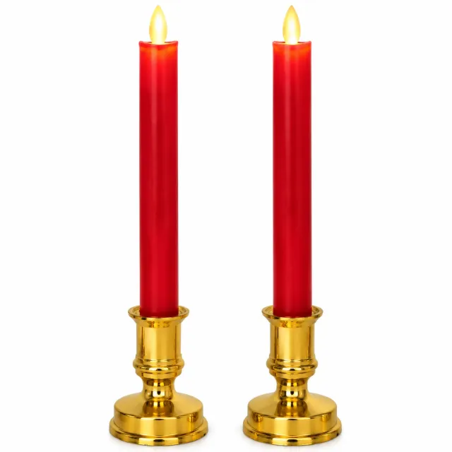 SWGOTA led kaarsen, 2 rode staafkaarsen met goudkleurige voeten en warmgele vlamvormige verlichting, voor bruiloften en feestdecoratie Rood