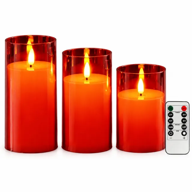 SWGOTA led kaarsen, 3 stuks, rood met transparante cilindervormige omhulling, diameter 7,5 cm, hoogte 10/12,5/15 cm, met afstandsbediening