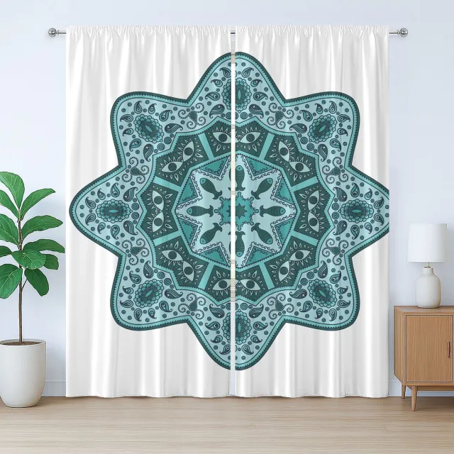 ABAKUHAUS Blauwgroen Rustieke gordijnen, Ostchinesischen Mandala, Slaapkamergordijn met plooiband, lussen en haken, 2 stuks 140 cm B x 225 cm L, Blauwgroen