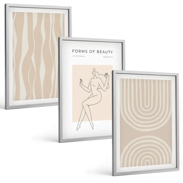 Coloray 3-Delige Schilderij Set - Abstracte Patronen, Delicate Boho-Decoraties - 40 x 60 cm - Moderne Wanddecoratie - Woonkamer - Woonkamer Decoratie Zilveren lijst