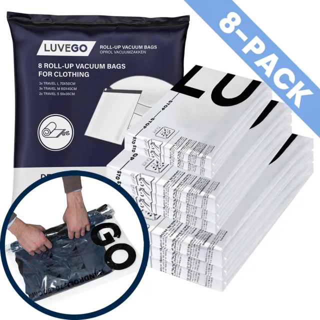 Luvego Vacuumzakken voor op Reis - Vacuumzakken voor Kleding - Roll-Up - 8 Vacuüm Handrolzakken 8-Pack Oprol