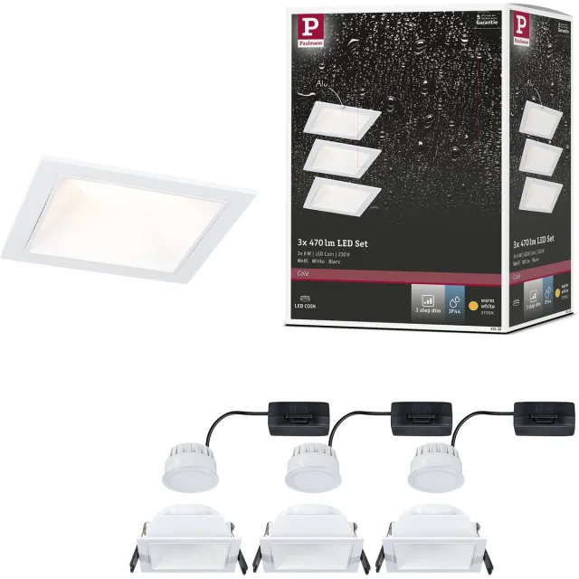 Paulmann LED-inbouwlamp 3-Step-Dim Cole Coin Set van 3 IP44 hoekig 88x88 mm Coin 3x6W 3x470lm 230V dimbaar 2700K Wit
