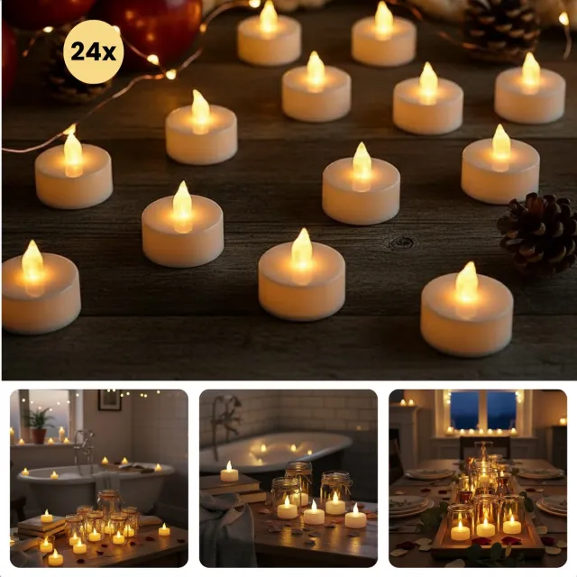 Cheqo LED Theelichtjes - Theelichtjes Met Timer - Flikkerend Vlammetje - Warm Wit LED - Automatische Uitschakeling - 24 Stuks - Sfeervol Licht - Waxinelichtjes LED - Realistisch Vlammetje - Elektrische Kaarsen Overig
