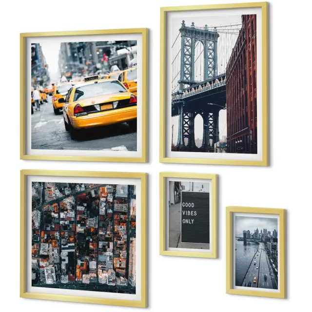 Coloray 5-Delige Schilderij Set - Charmante Stadsgezichten Vanuit Het Perspectief Van Het Leven In New York City - 50 x 50 cm, 20 x 30 cm En 40 x 60 cm - Decoratieve Muurdecoratie - Slaapkamer - Stijlvolle Muurdecoratie Gouden lijst