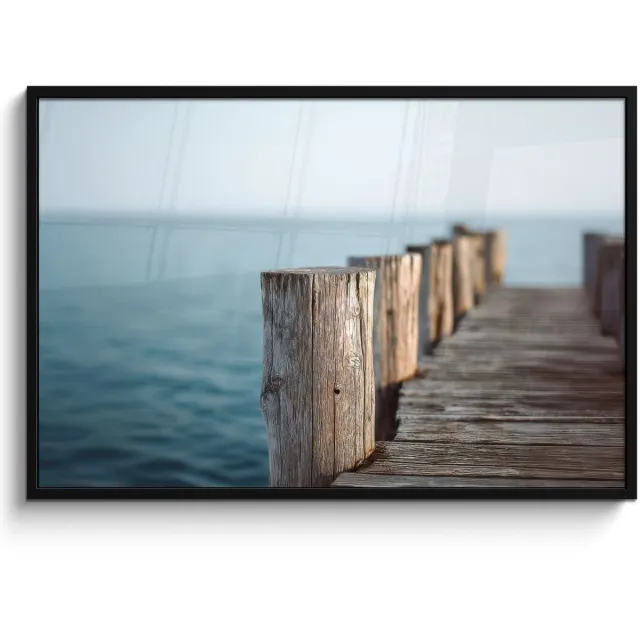 FrameYourWall Poster in lijst - Fotolijst 120x80 cm - Posters - Houten steiger - Helderblauwe lucht - Posterlijst zwart - Decoratie - Wanddecoratie woonkamer - Muurdecoratie slaapkamer