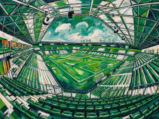 Atelier Iconique Euroborg FC Groningen Fauvist Color Painting Stadiums - Print op Canvas 80x60 cm - Atelier Iconique gedurfde, levendige en contrastrijke fauvistische kleuren