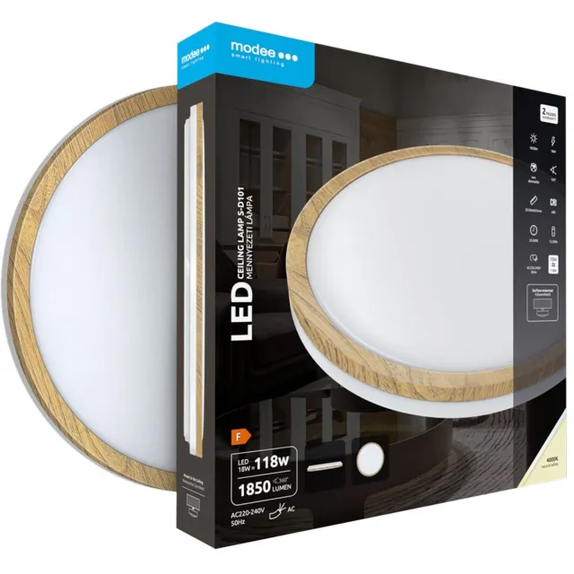 Modee Plafondlamp LED - ø 33.6cm - 18W - Plafonnière - Neutraal Wit Licht - Rond - Hout - Per Stuk Bruin