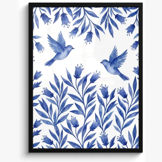 FrameYourWall Poster in lijst - Fotolijst 50x70 cm - Posters - Modern - Vogels - Delfts - Blauw - Posterlijst zwart - Decoratie - Wanddecoratie woonkamer - Muurdecoratie slaapkamer