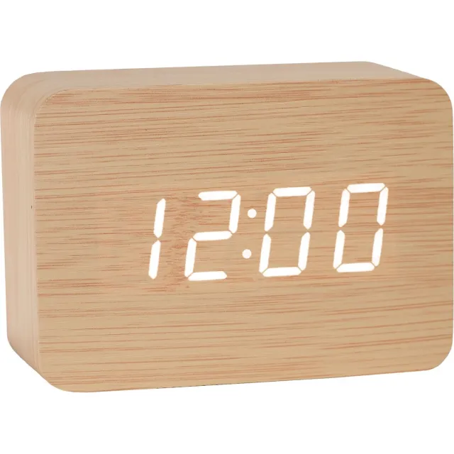 TIN-IN Digitale Tafelklok - Bureauklok met Houtlook- Wooden look - Licht hout + Witte cijfers - Wekker - Slaapkamer en Bureau