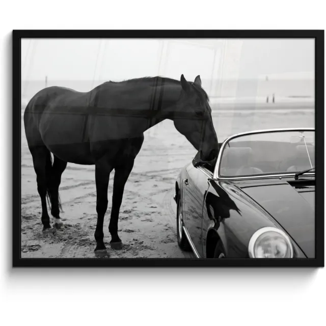 FrameYourWall Poster in lijst - Fotolijst 80x60 cm - Posters - Paard - Auto - Zwart - Wit - Posterlijst zwart - Decoratie - Wanddecoratie woonkamer - Muurdecoratie slaapkamer