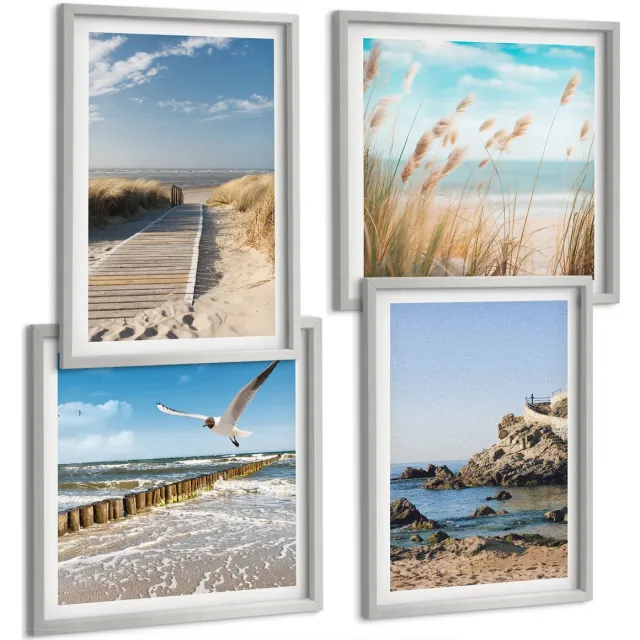 Coloray 4-Delige Schilderij Set - Strand Met Een Houten Pad, Zee En Kliffen Aan Zee. - 40 x 40 cm En 40 x 60 cm - Stijlvolle Wanddecoratie - Interieur - Muurdecoratie Zilveren lijst