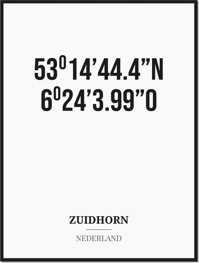 Studio216 Poster/kaart ZUIDHORN met coördinaten zwart, wit