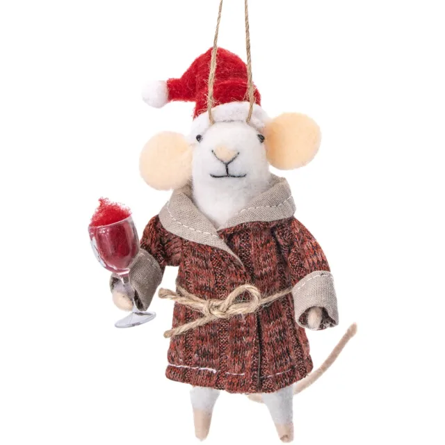 Sass & Belle Muis met drankje vilten kersthanger - Sass & Belle bruin