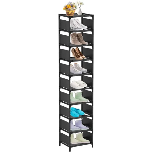 BOG Smal Schoenenrek 10 Lagen - Hoog Verticaal Schoenenrek Ruimtebesparend - Schoenen Organizer Voor Hal Deur En Kleine Ruimtes - Enkel Paar Schoenenrek Zwart